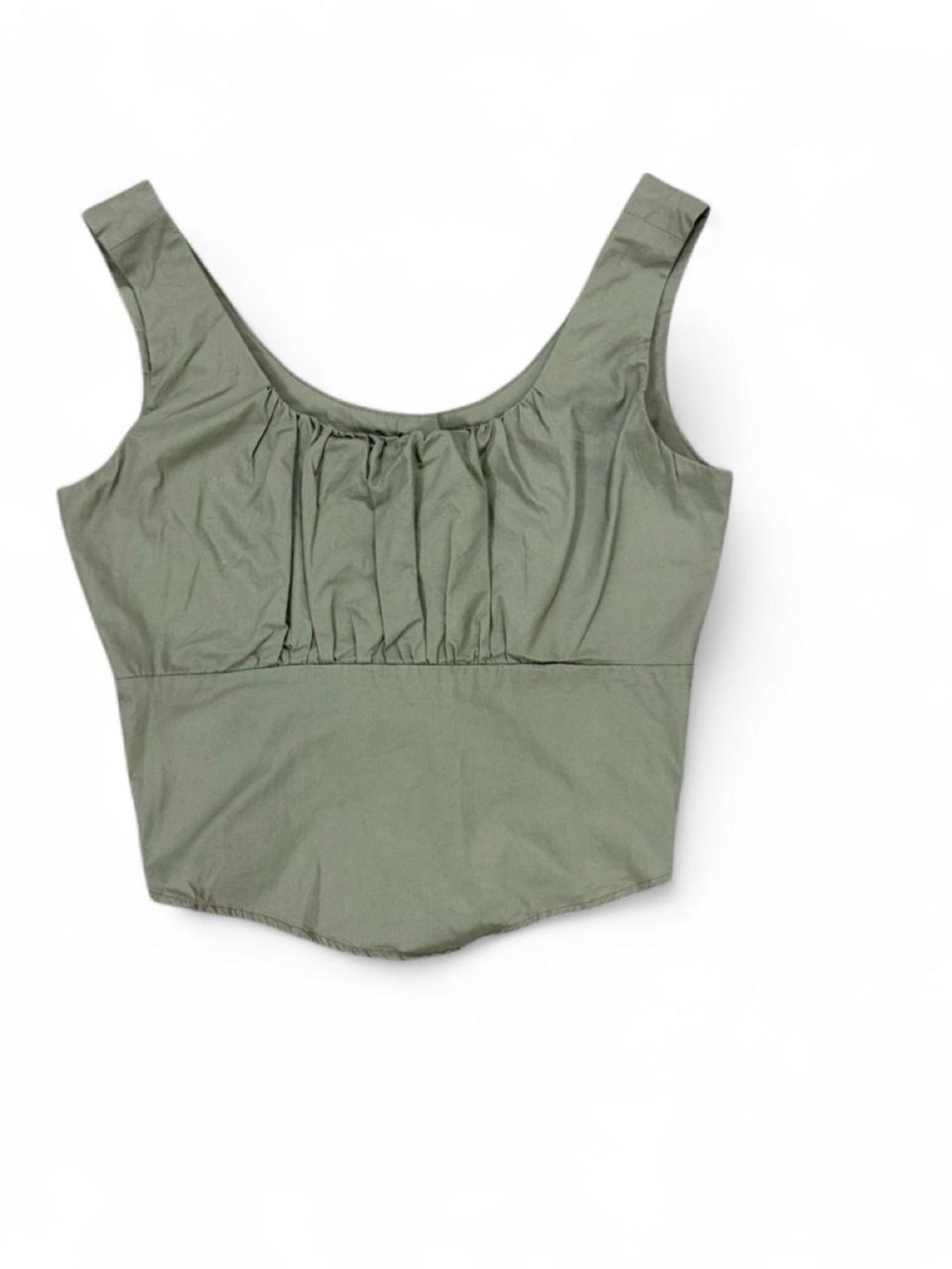 Sage Green Ruched Cottage Corset Crop Top Open Back Tie 100% Cotton Size S